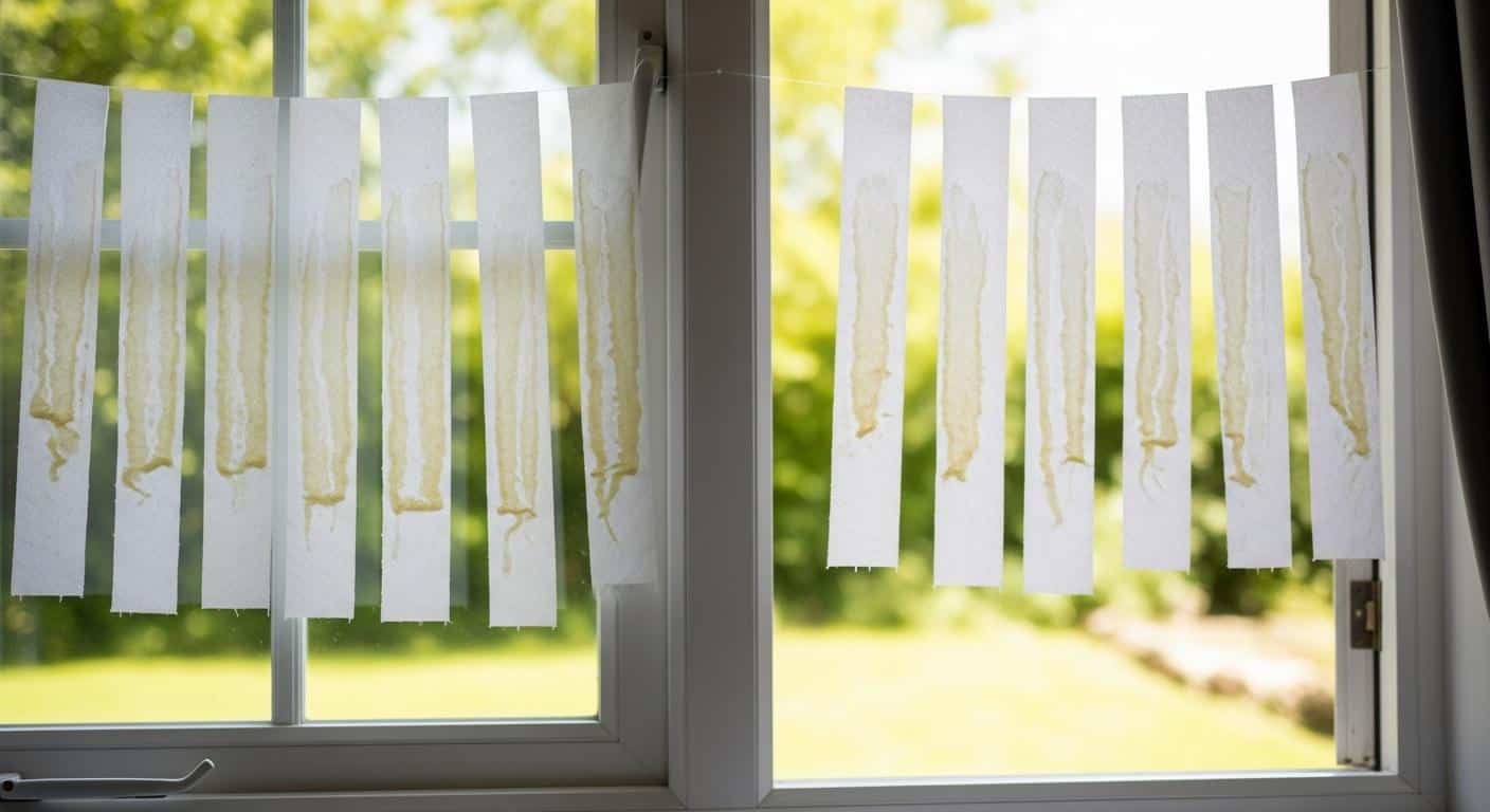 Des bandes de papier toilette blanc suspendues aux rebords d’une fenêtre ouverte, chaque bande soigneusement imbibée d’huile essentielle, tandis que la lumière du jour éclaire une pièce à l’atmosphère paisible, sans moustiques en vue.