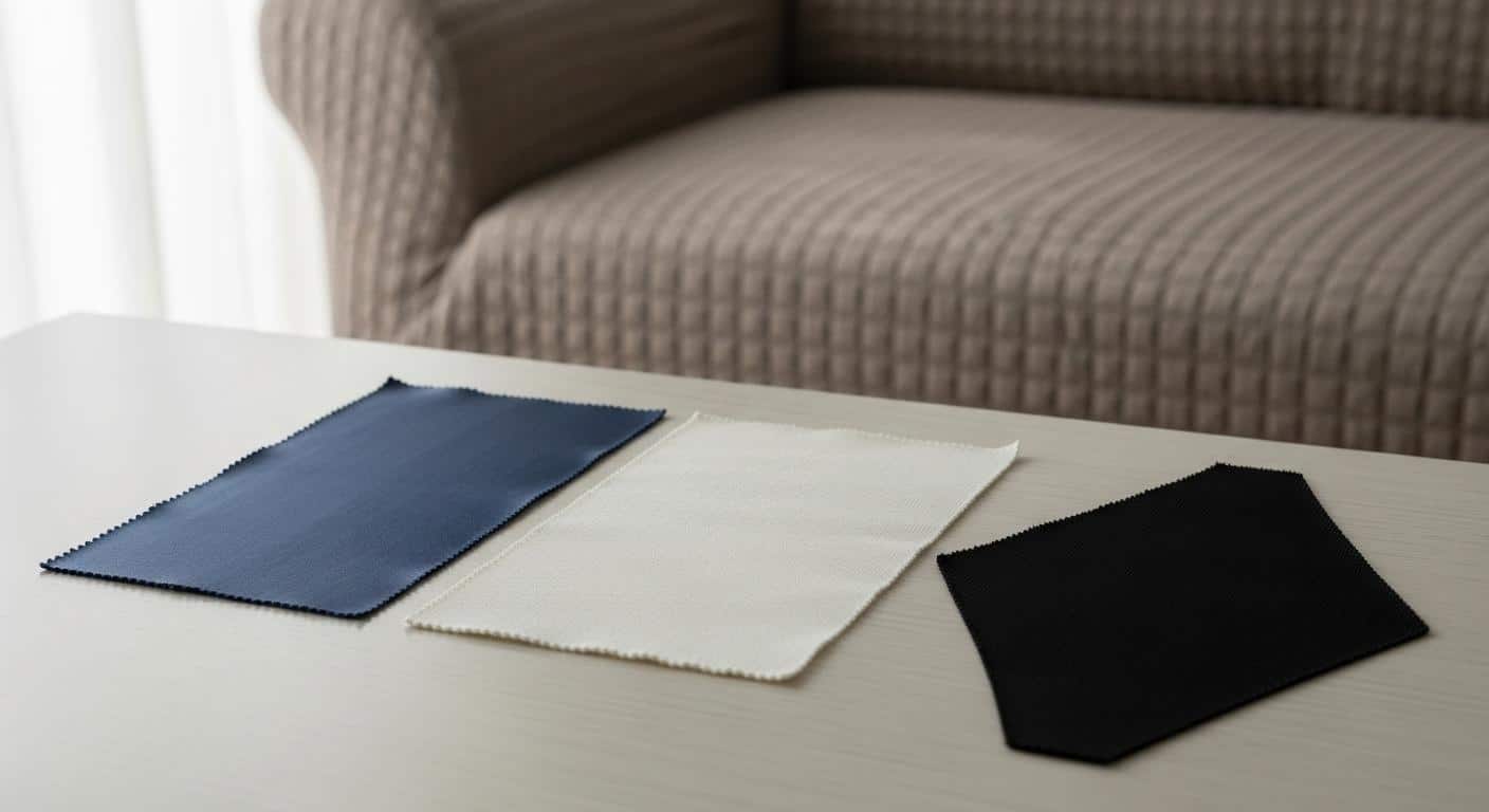 Des échantillons de tissu polyester, coton et élasthanne posés côte à côte sur une table, avec une housse de canapé en arrière-plan