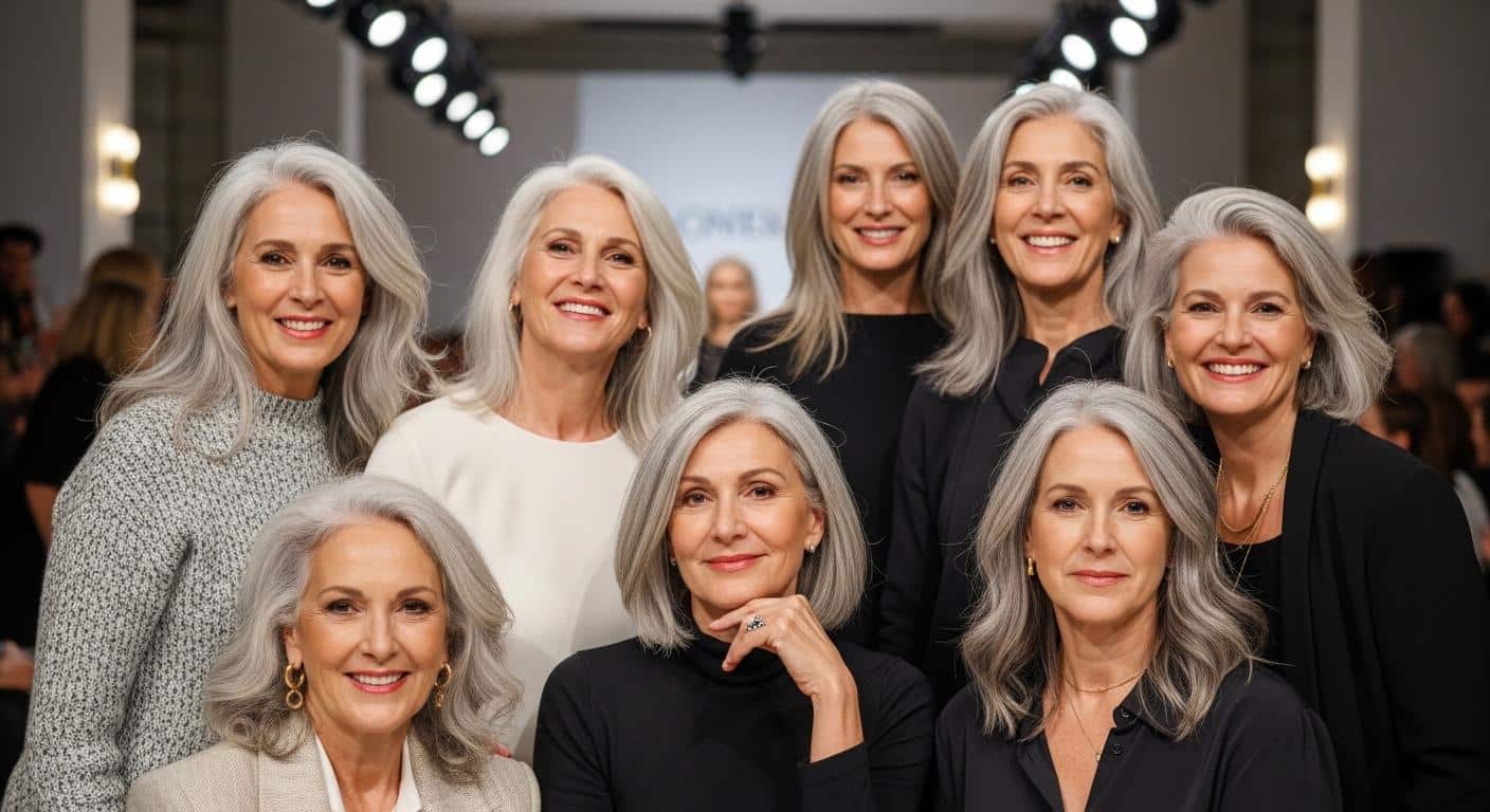 Groupe de femmes de différentes générations affichant fièrement leurs cheveux gris naturels lors d’un événement de mode, certaines souriantes, d’autres sérieuses, dans une atmosphère élégante et lumineuse.