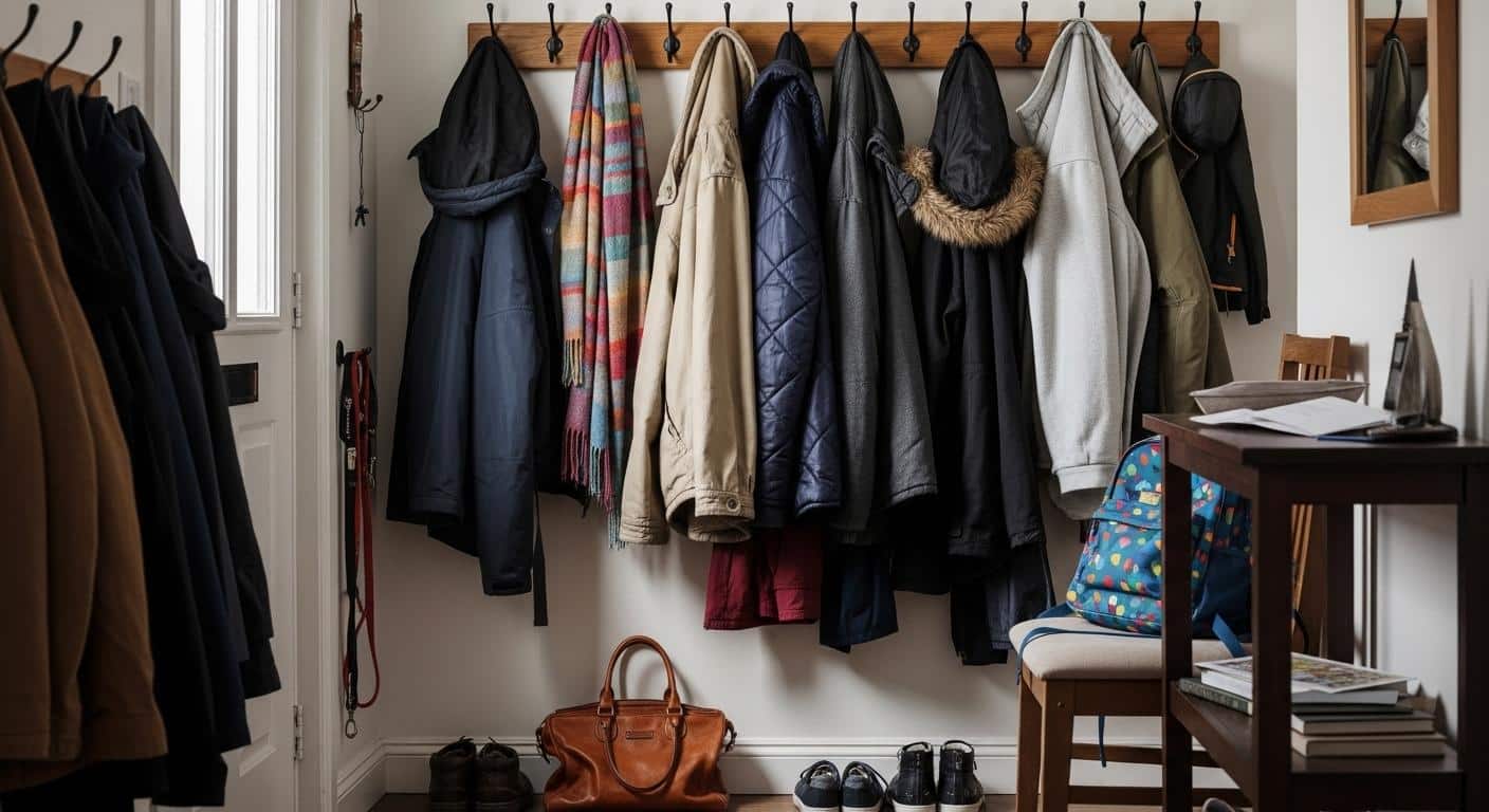 Plusieurs manteaux et vestes accrochés dans une entrée familiale, avec une écharpe enroulée sur un porte-manteau et un sac à main posé au sol, illustrant l’accumulation d’accessoires du quotidien prêts à affronter l’extérieur.