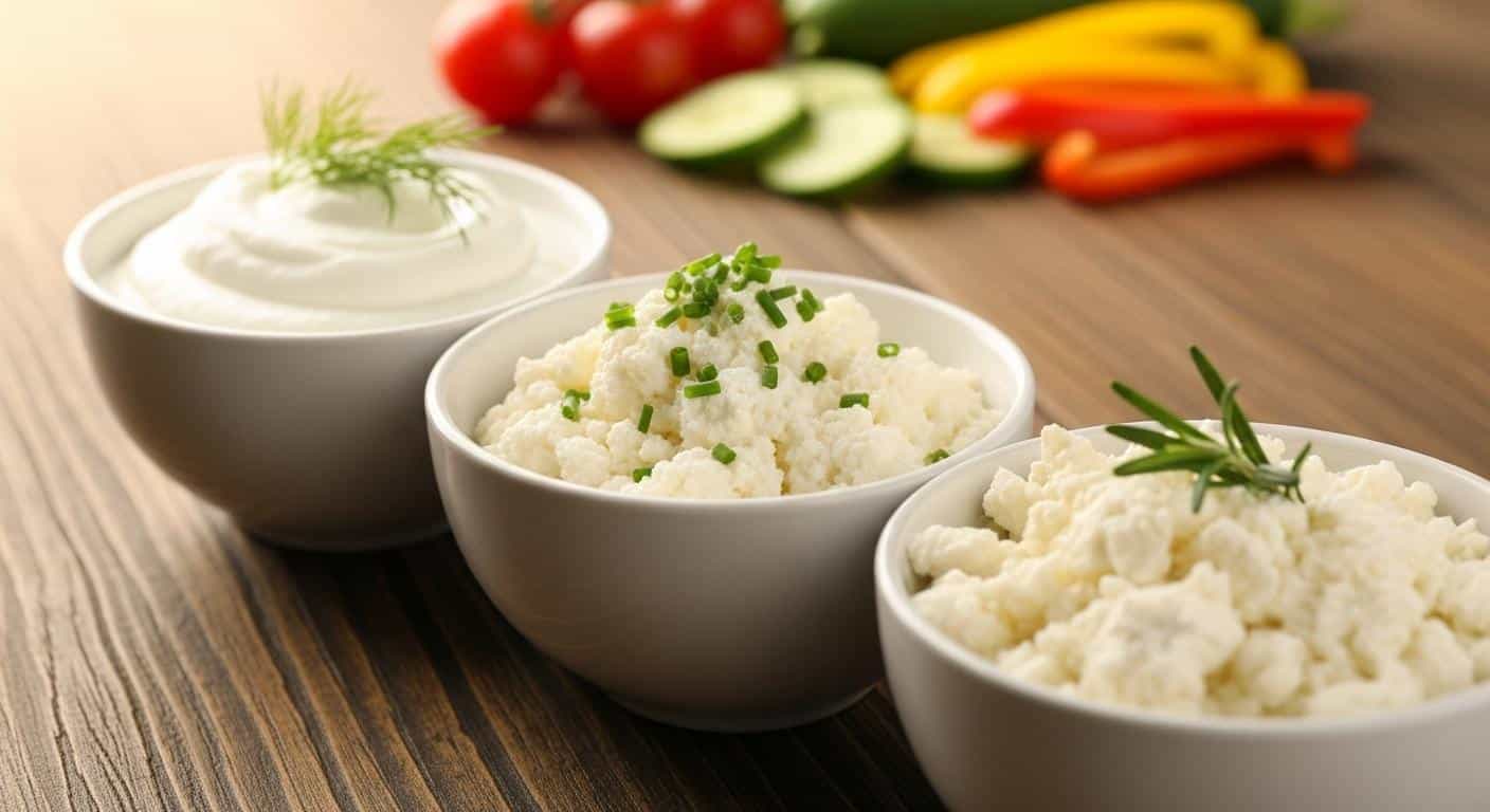 Trois bols en céramique placés côte à côte sur une table en bois, chacun rempli respectivement de skyr onctueux, de ricotta crémeuse et de chèvre frais, avec des brins d’herbes fraîches et quelques légumes colorés en arrière-plan, sous une lumière d’été douce.