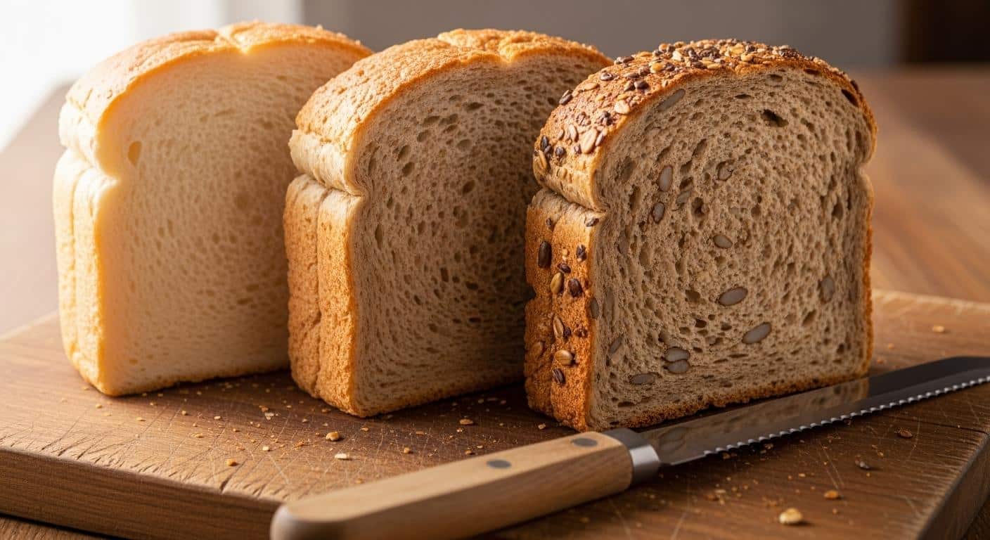 Trois tranches de pain posées sur une planche en bois : une tranche de pain blanc, une de pain complet et une de pain intégral, les différences de couleur et de texture bien visibles, sous une lumière naturelle, avec un couteau à pain à côté.