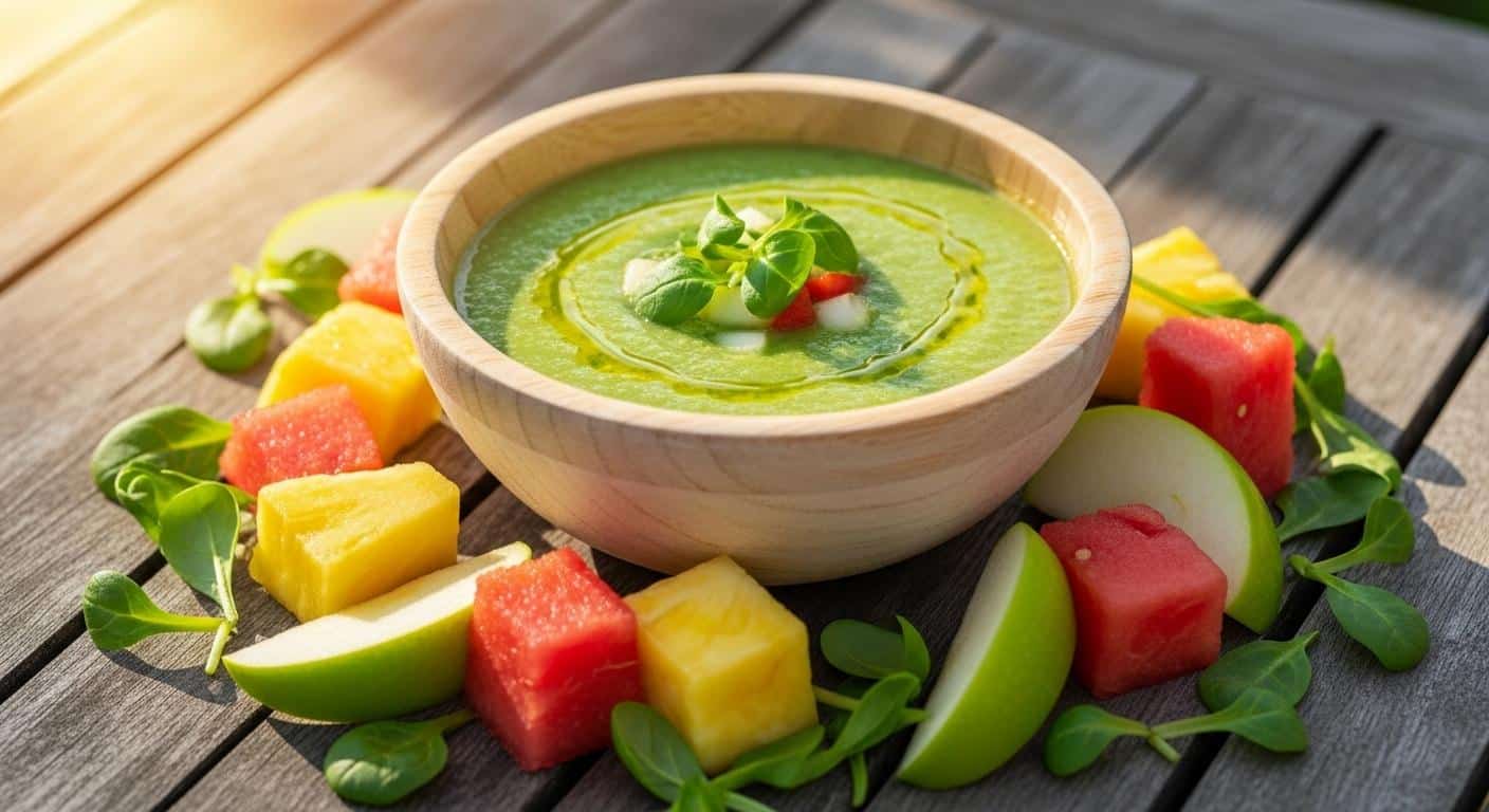 Un bol de gaspacho vert posé sur une table en bois dehors, entouré de morceaux de fruits frais (ananas, pastèque, pomme verte) et de pousses d’épinards, sous un rayon de soleil estival