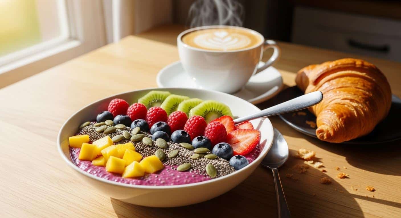 Un bol de pudding au chia garni de fruits frais et de graines, posé sur une table de petit-déjeuner lumineuse à côté d'une tasse de café et d'un croissant, illustrant le choix entre un repas traditionnel et une alternative saine.