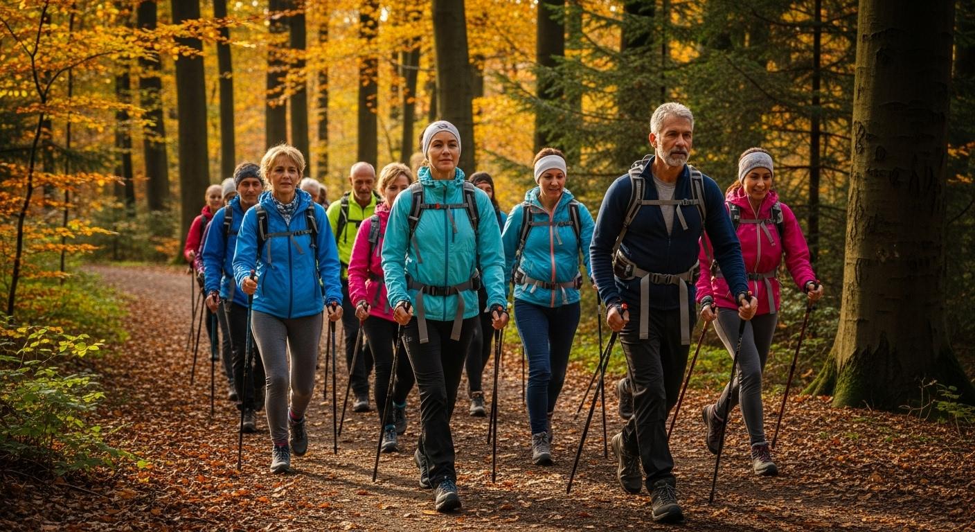 Un groupe de marcheurs nordiques, hommes et femmes de tous âges, progresse à vive allure sur un sentier forestier, bâtons en main, avec des mouvements amples et synchronisés, l’effort visible sur leurs visages, dans une atmosphère de camaraderie.