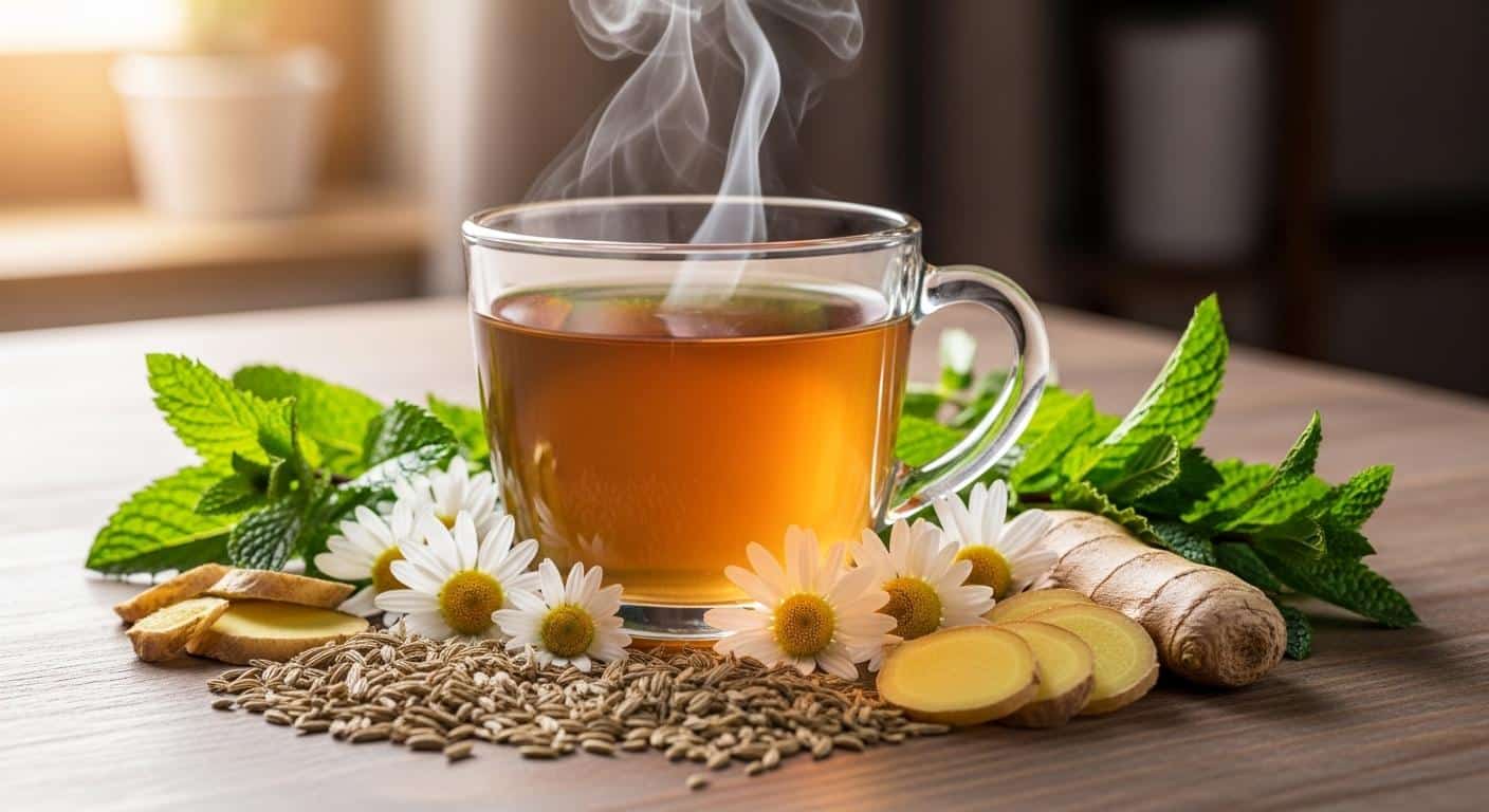Un mug fumant d’infusion posé sur une table en bois, entouré de brins de camomille, de graines de fenouil, de racines de gingembre frais et de feuilles de menthe poivrée, dans une lumière douce du soir.