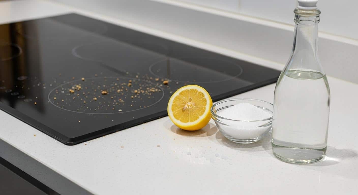 Un plan de travail de cuisine où un demi-citron, un bol de gros sel et une bouteille de vinaigre blanc sont alignés à côté d'une plaque de cuisson encore légèrement sale, prêt à être nettoyé.