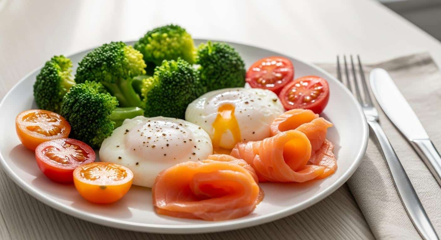 Une assiette colorée avec des œufs pochés, du saumon, des brocolis vapeur et quelques tomates cerises, placée sur une table lumineuse, illustrant un repas sain et protéiné prêt à être dégusté