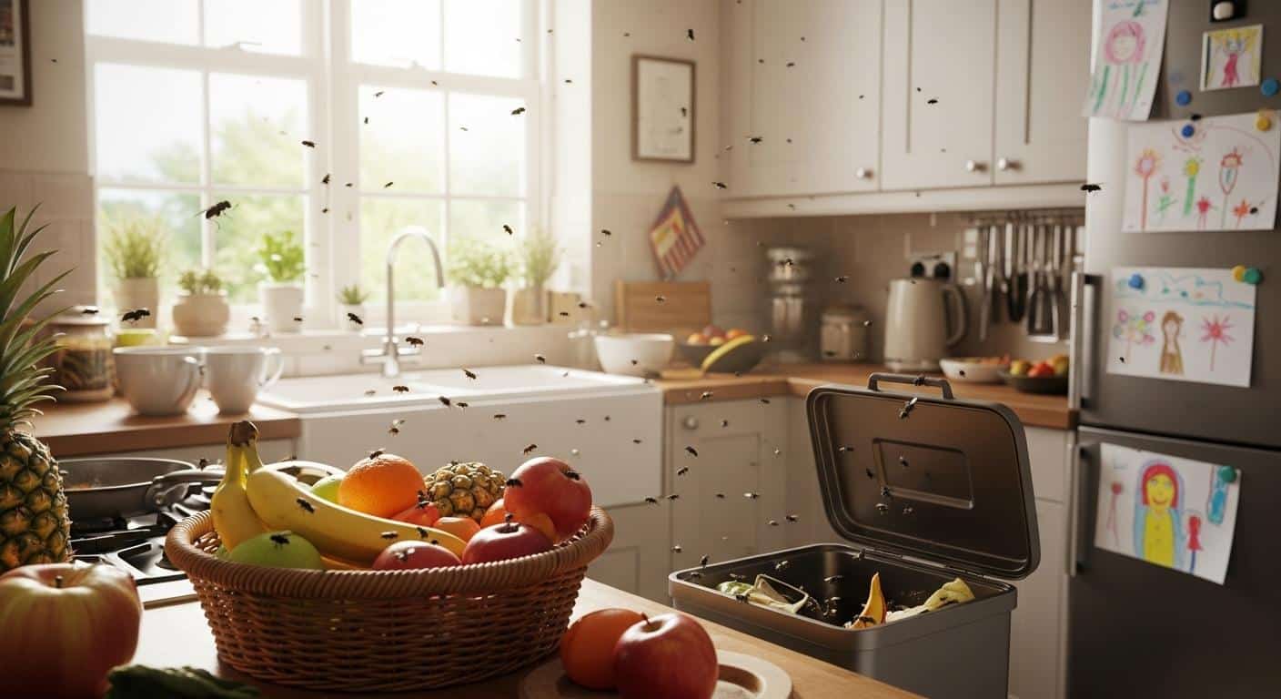 Une cuisine familiale en journée, baignée de lumière naturelle, où plusieurs mouches volent au-dessus d’une corbeille de fruits mûrs et d’une poubelle entrouverte, illustrant la prolifération rapide dans un intérieur animé.