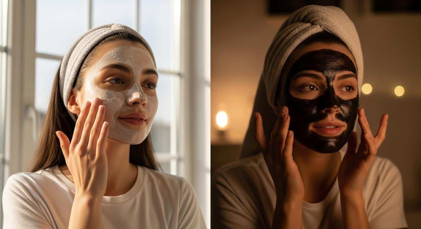 Une femme applique un masque hydratant sur son visage devant une fenêtre baignée par la lumière du matin, tandis qu’à l’arrière-plan, une autre femme pose un masque nourrissant le soir, dans une lumière tamisée.