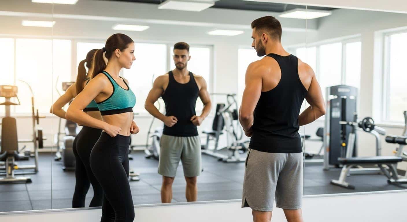 Une femme et un homme de profils différents, debout dans une salle de sport lumineuse, comparant leur posture devant un miroir, l’un affichant une taille affinée, l’autre observant ses progrès, ambiance matinale et dynamique.