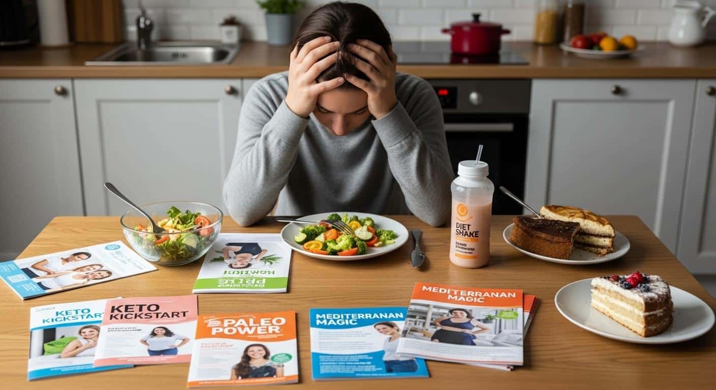 Une personne assise à la table de la cuisine, l’air découragé, entourée de brochures de régimes et d’aliments variés, illustrant la lassitude face aux multiples tentatives de perte de poids.