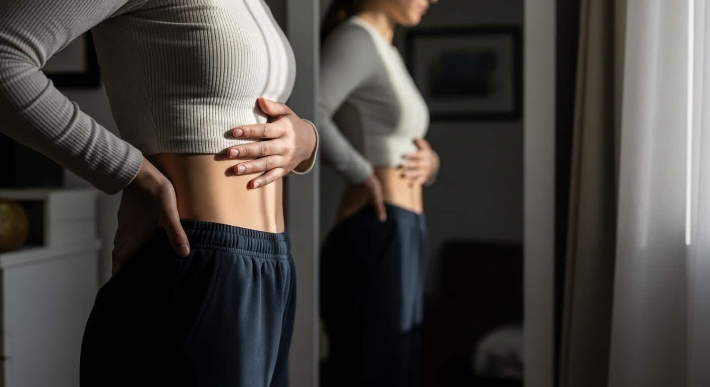 Une personne de profil devant un miroir, observant sa taille avec une main posée sur l’abdomen, dans une lumière de matin calme.