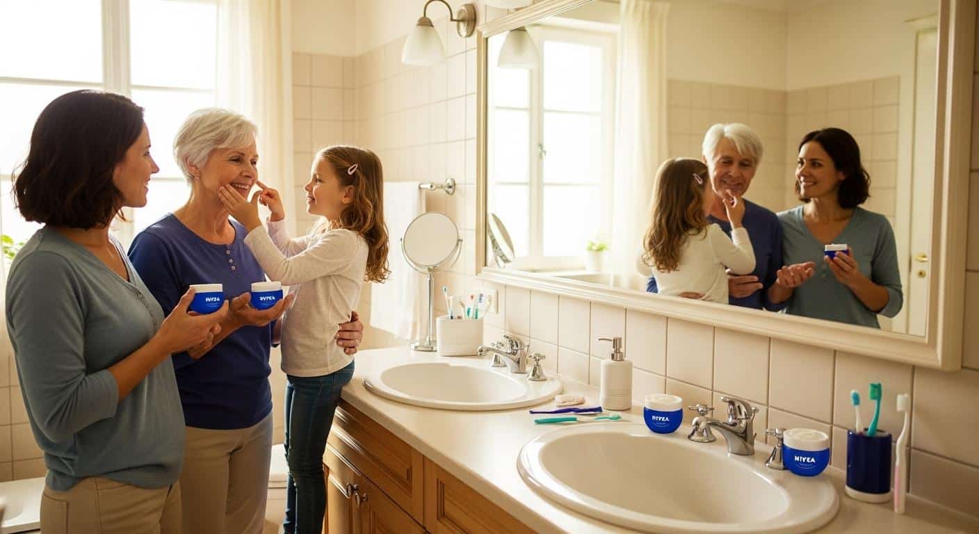 Une salle de bain familiale avec plusieurs générations réunies autour d'un lavabo, chacun tenant ou utilisant un pot bleu de crème Nivea, transmettant un geste beauté simple et complice.