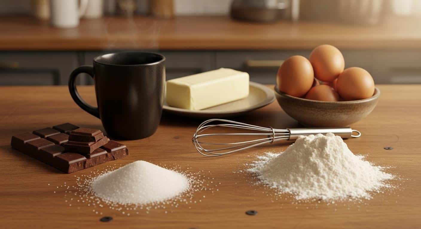Une table de cuisine conviviale, sur laquelle sont posés un mug robuste, du chocolat noir, des œufs, du beurre, du sucre, de la farine et un petit fouet, prêts à être utilisés pour préparer un moelleux au chocolat.