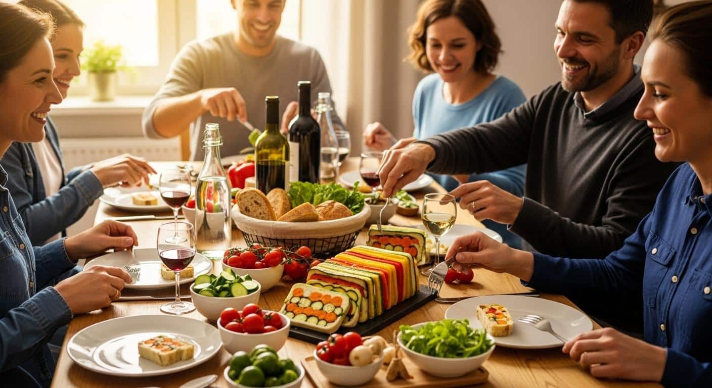 Une table en bois conviviale, au centre une terrine de légumes multicolore tranchée, entourée de convives souriants qui se servent, avec des légumes frais, du pain et des bouteilles d’eau et de vin. La lumière du jour éclaire la scène, ambiance chaleureuse et familiale.