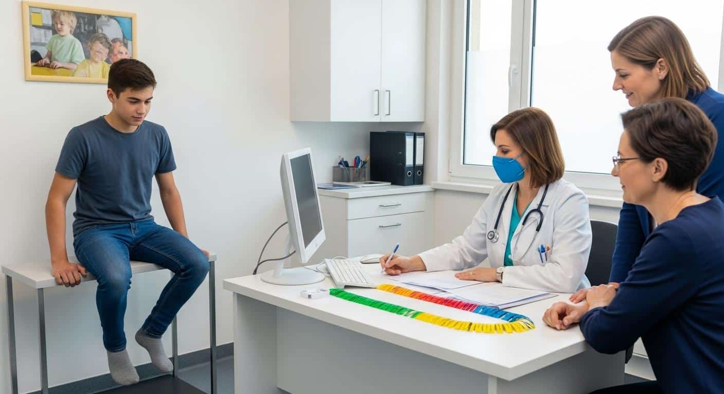 Un adolescent de 14 ans se tient sur une balance dans un cabinet médical, pendant qu’un professionnel de santé note les résultats sur une courbe de croissance colorée posée sur le bureau, avec à côté un parent observant la scène, le tout dans une atmosphère bienveillante et réaliste.