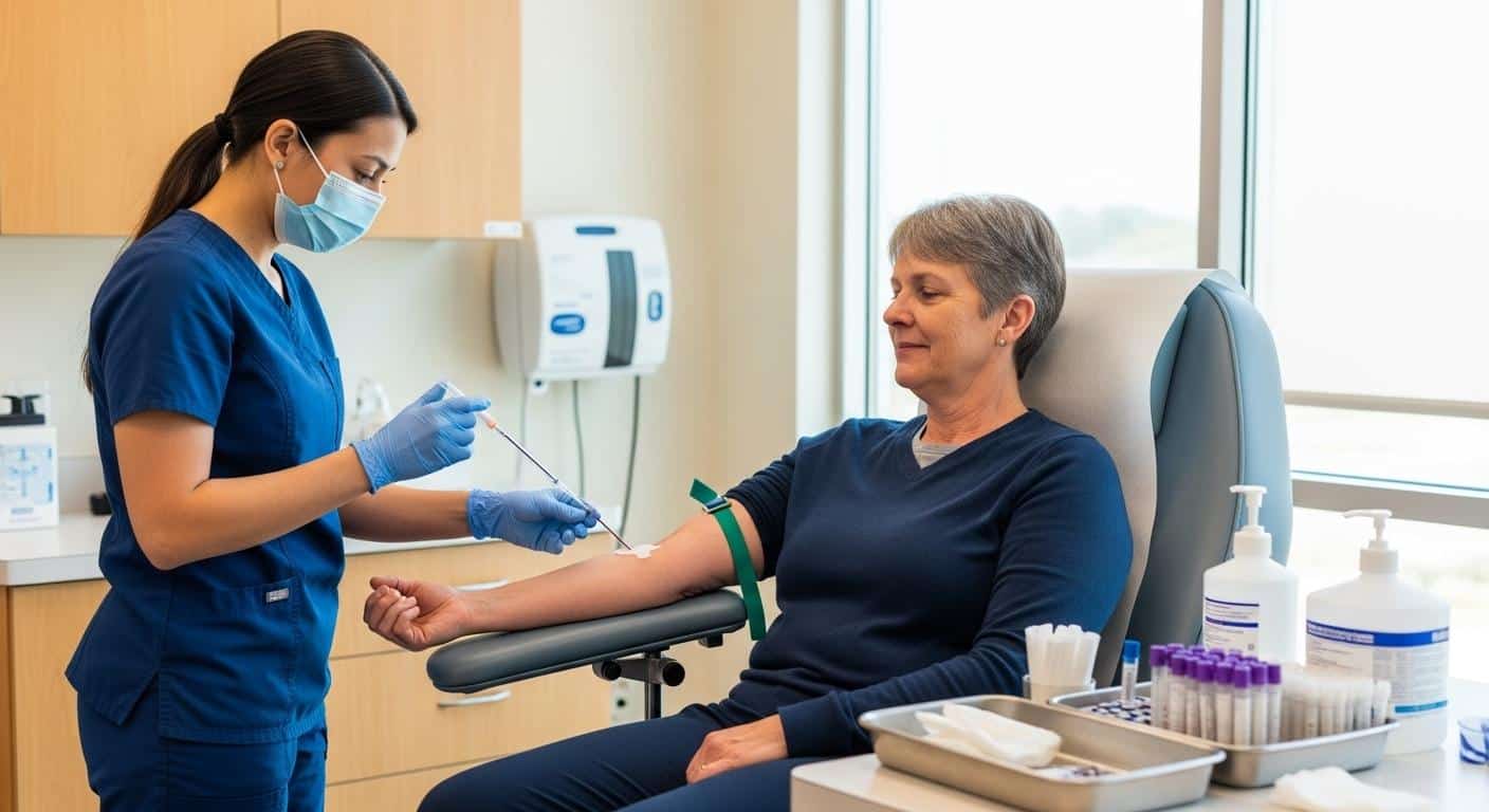 Un professionnel de santé effectue une prise de sang à une personne assise, dans un cabinet médical lumineux, pour évaluer son équilibre acido-basique.