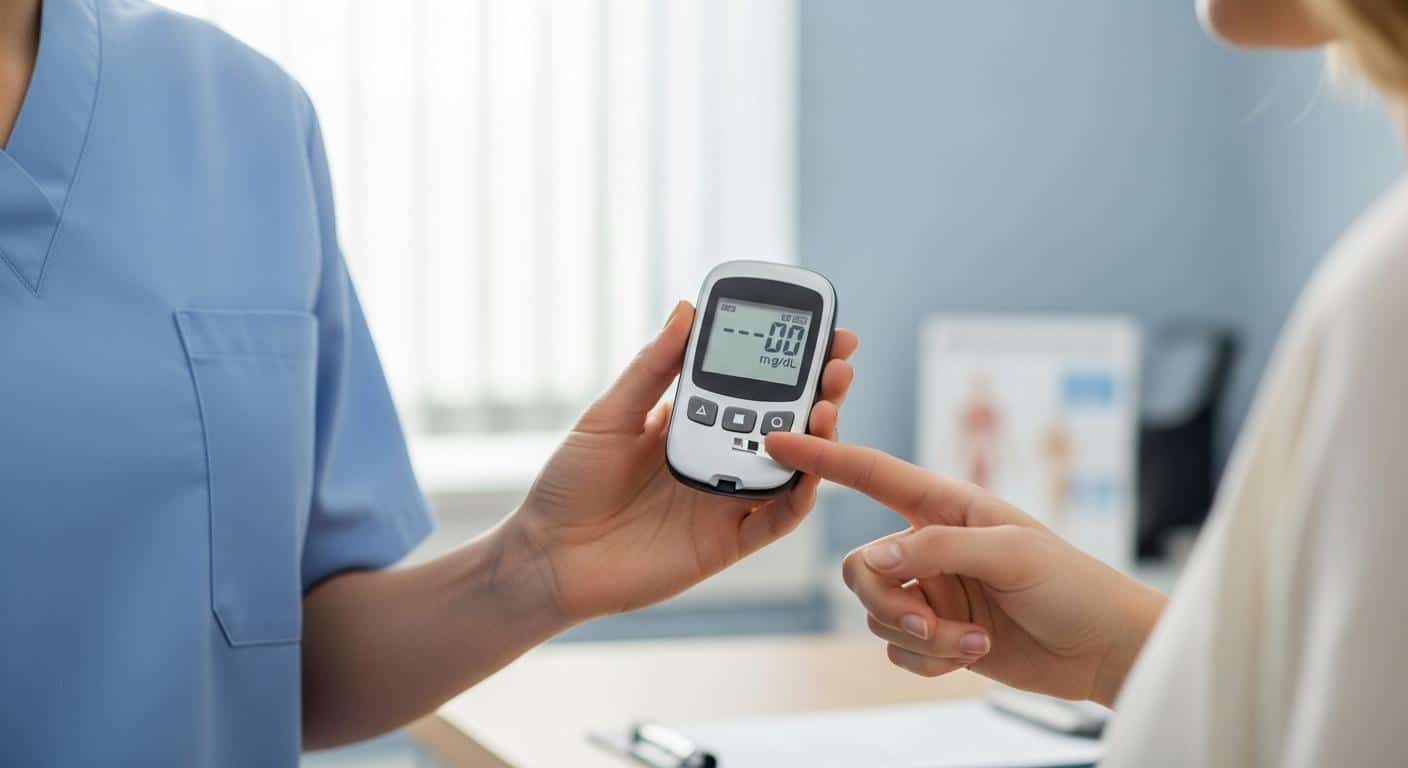 Un professionnel de sante tient un lecteur de glycemie dans une main tandis quune personne pose son 1754931606 Un professionnel de santé tient un lecteur de glycémie dans une main, tandis qu'une personne pose son doigt sur l'appareil pour mesurer son taux de sucre, dans un environnement calme et lumineux.