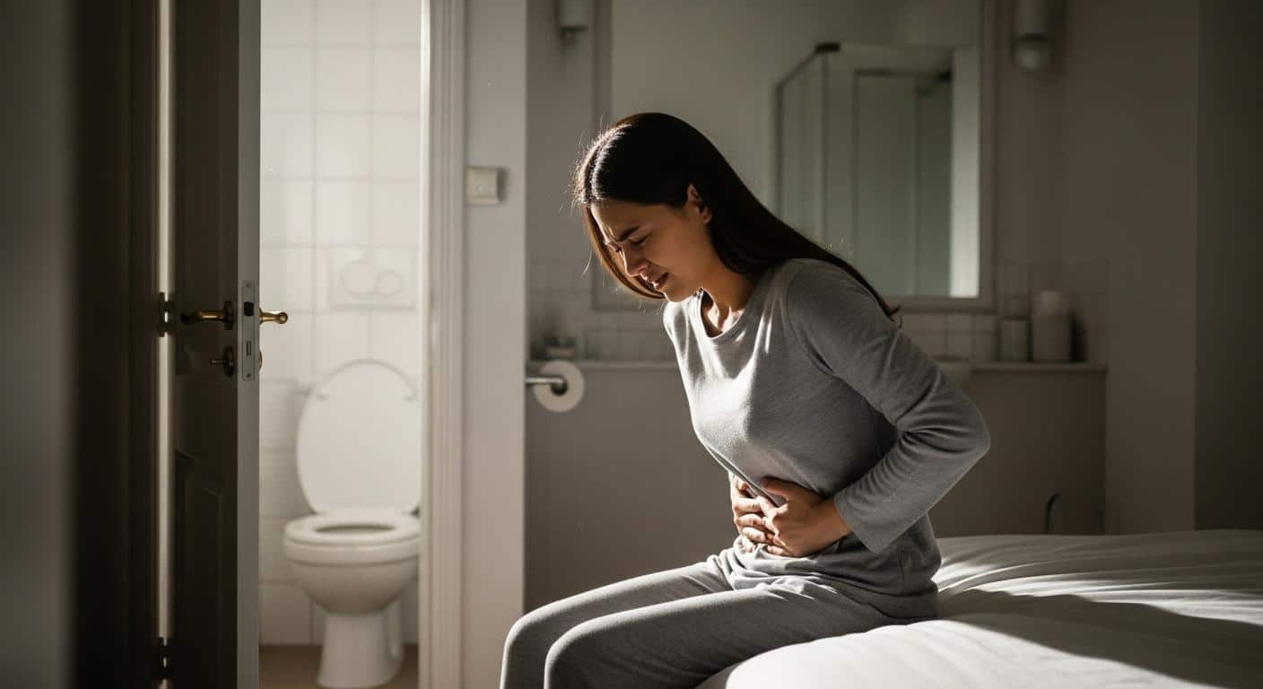 Une femme assise sur le bord d’un lit dans une salle de bain, main sur le bas-ventre, visage crispé par la douleur, une porte des toilettes entre-ouverte en arrière-plan, lumière naturelle du matin