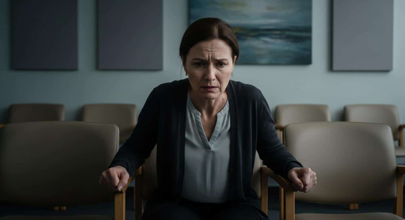 Une femme d’âge moyen, assise sur une chaise dans une salle d’attente médicale, serre les accoudoirs avec anxiété. Son visage est pâle, les yeux légèrement plissés par la douleur, les traits tirés par un malaise soudain. Autour d’elle, l’ambiance est feutrée et silencieuse, accentuant la tension de l’instant.
