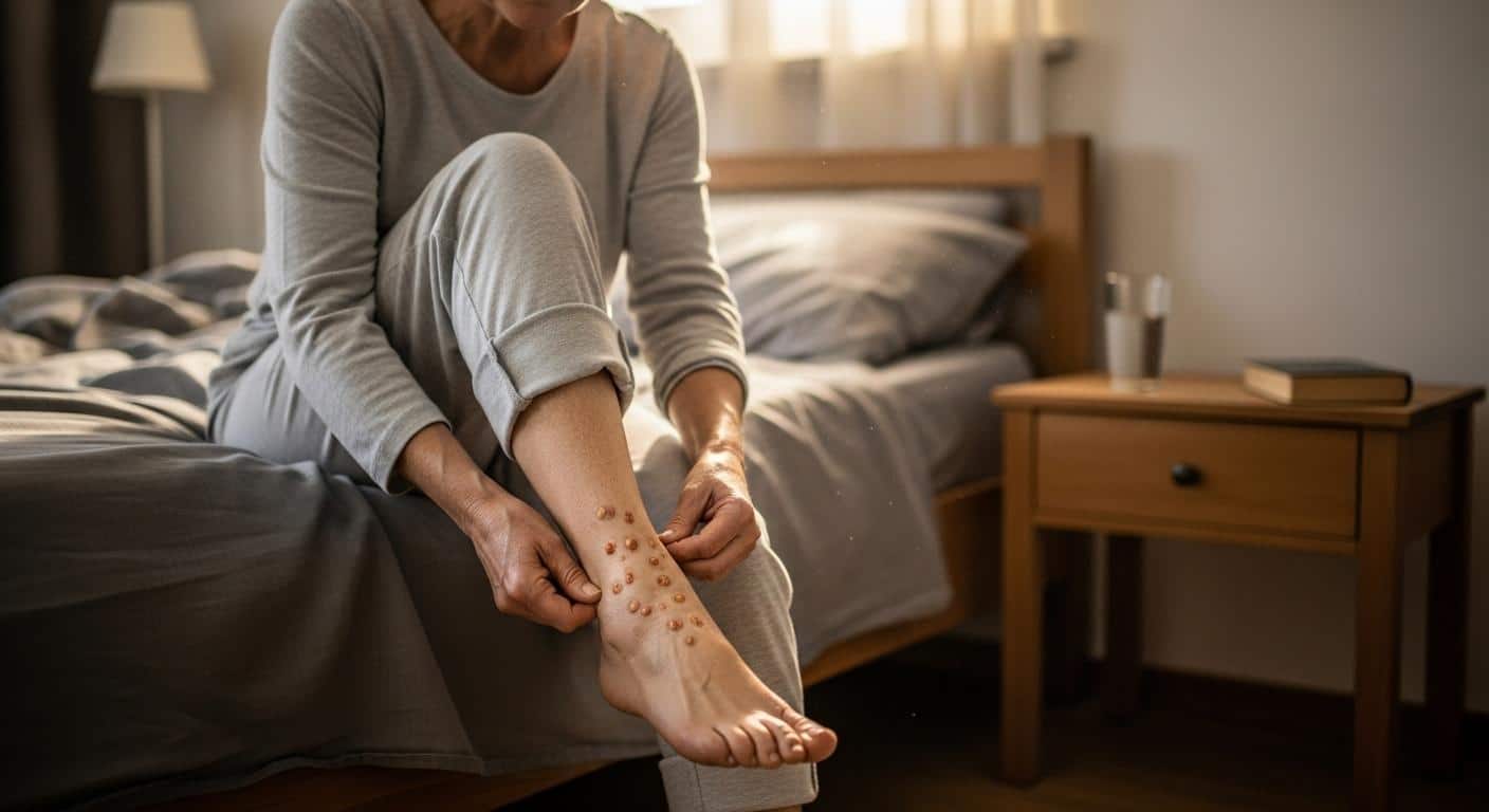 Une femme d’environ 60 ans assise sur le bord de son lit, relevant le bas de son pantalon pour observer des taches brunes sur sa cheville, dans une lumière matinale douce.