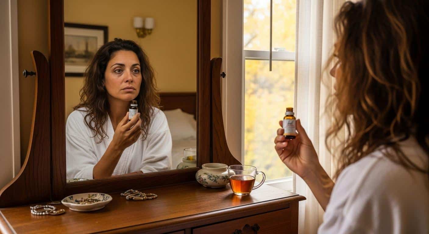 Une femme d’une quarantaine d’années, debout devant son miroir un matin d’automne, l’air fatigué mais plein d’espoir, tient un petit flacon de fleurs de Bach dans une main et observe son reflet, la lumière douce de la fenêtre révélant une atmosphère intime et apaisante.