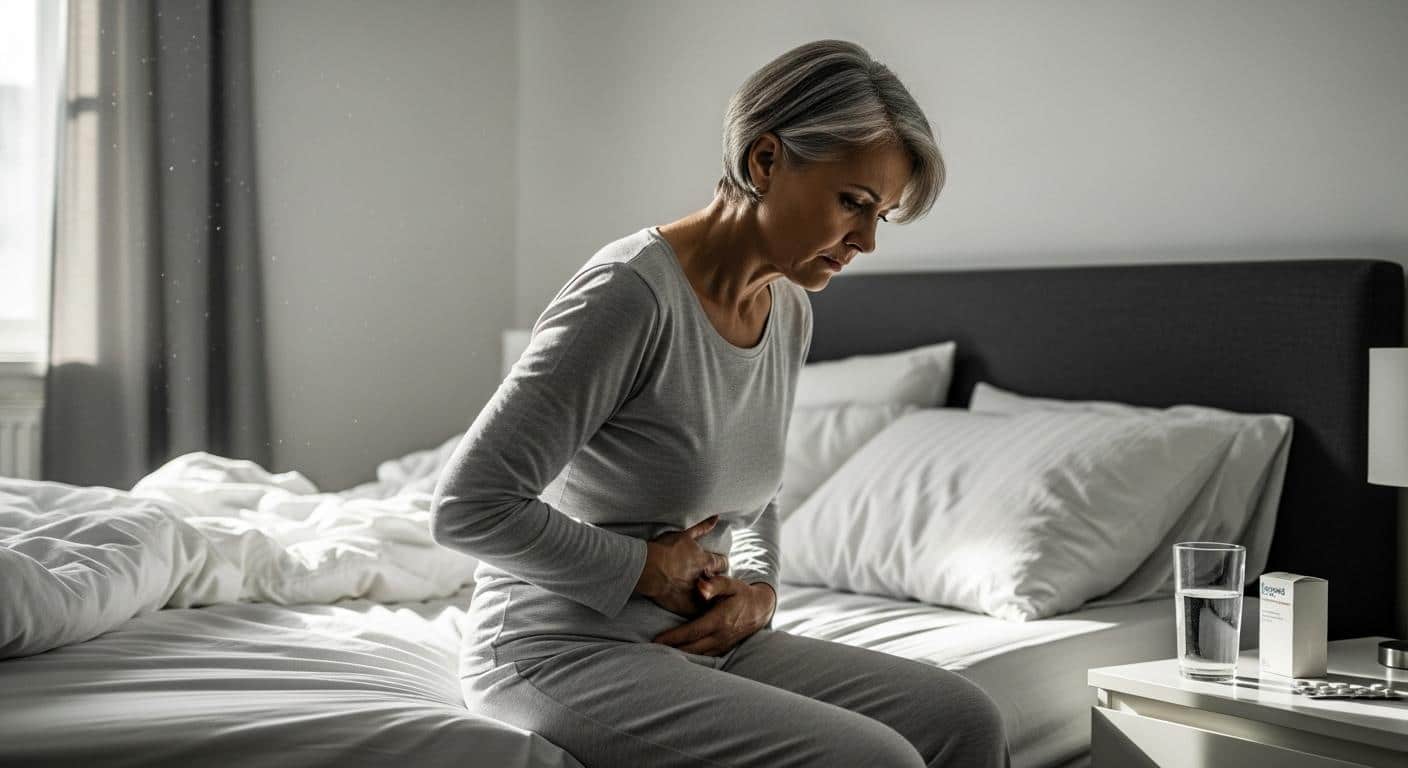 Une femme d'une soixantaine d'années assise sur un lit dans une chambre lumineuse, tenant son ventre avec une main, l'air soucieuse, tandis qu'une boîte de médicaments et un verre d'eau reposent sur la table de chevet à côté d'elle.