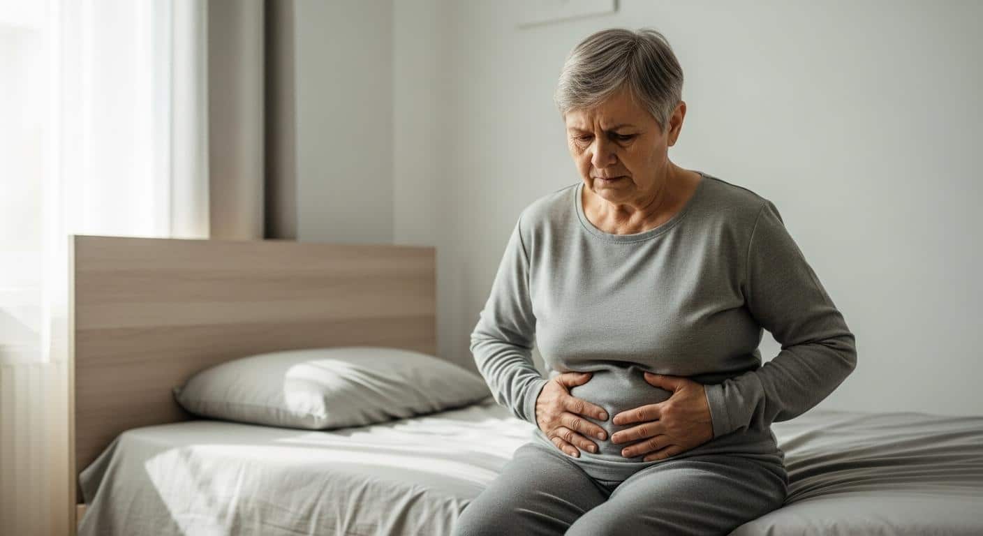 Une personne agee assise sur le bord dun lit dans une chambre lumineuse tenant son ventre avec une e 1754932505 Une personne âgée assise sur le bord d’un lit dans une chambre lumineuse, tenant son ventre avec une expression de gêne, illustrant la lourdeur abdominale due à la rétention fécale.