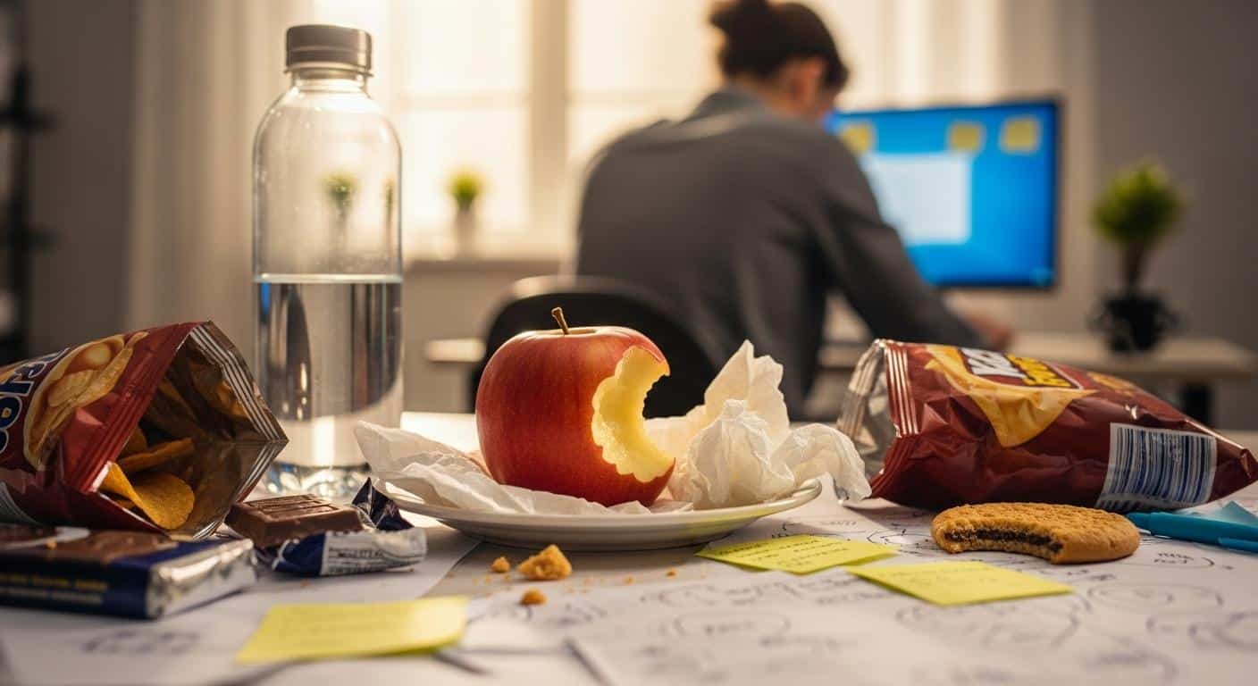 Une table de bureau en fin de journée, sur laquelle sont posés des snacks entamés, une pomme mordue, une bouteille d'eau à moitié pleine et des papiers éparpillés, avec en arrière-plan une personne qui regarde l'écran de son ordinateur d'un air fatigué, illustrant la tentation de grignoter pendant le travail.