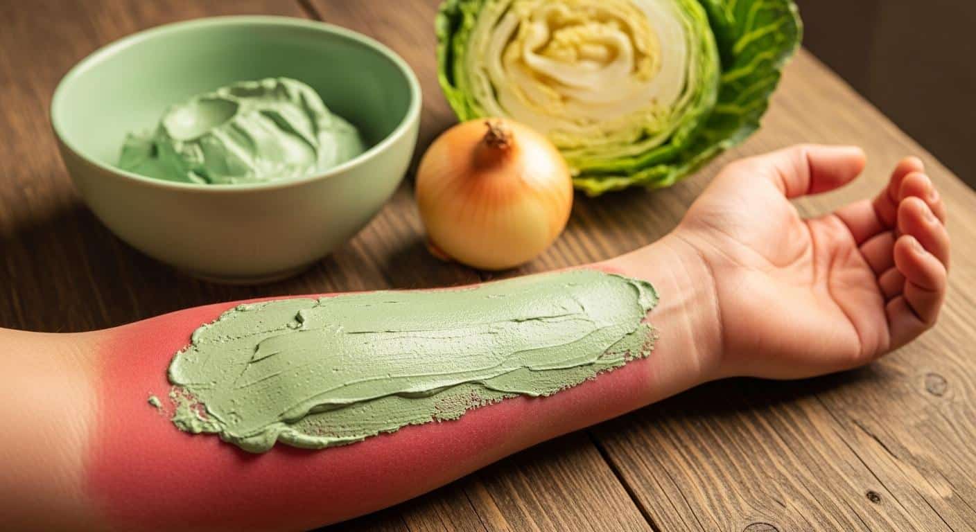 Cataplasme d’argile verte tiède appliqué en couche épaisse sur un avant-bras rouge et gonflé, à côté d’un bol d’argile verte, d’un oignon bouilli et d’une feuille de chou fraîche, sur une table de cuisine familiale.