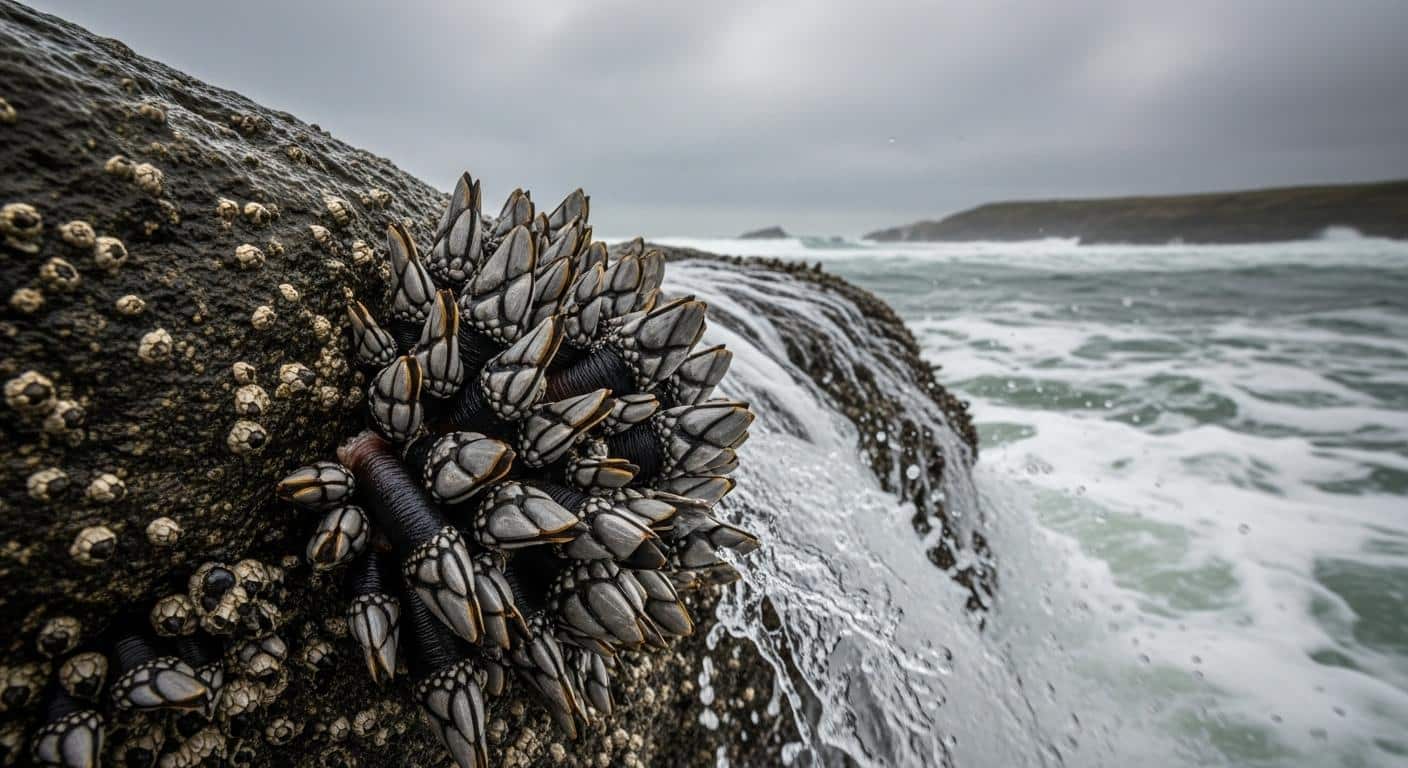 Un groupe de percebes noirs et gris accrochés à une roche humide, éclaboussés par les vagues, sur une côte sauvage de l’Atlantique au ciel couvert