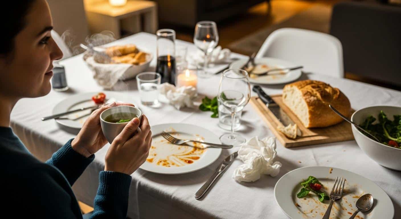 Une table dressée après un repas copieux, une personne savoure une tasse de thé vert menthe fumant, tandis qu’en arrière-plan, des assiettes vides et une ambiance de convivialité témoignent d’un repas partagé.