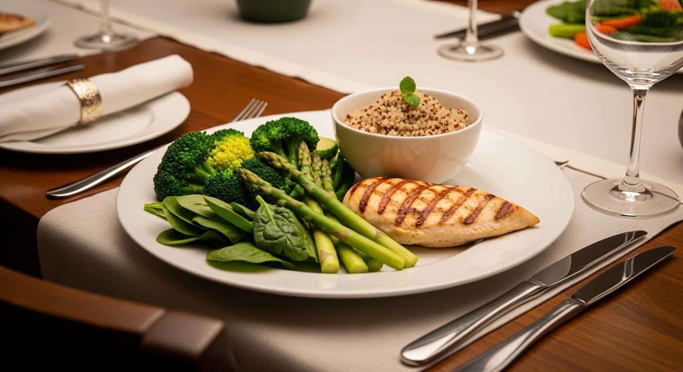 Une table du soir joliment dressée avec une assiette composée de légumes verts, de poulet grillé et d’un petit bol de quinoa, le tout éclairé par une lumière douce d’intérieur