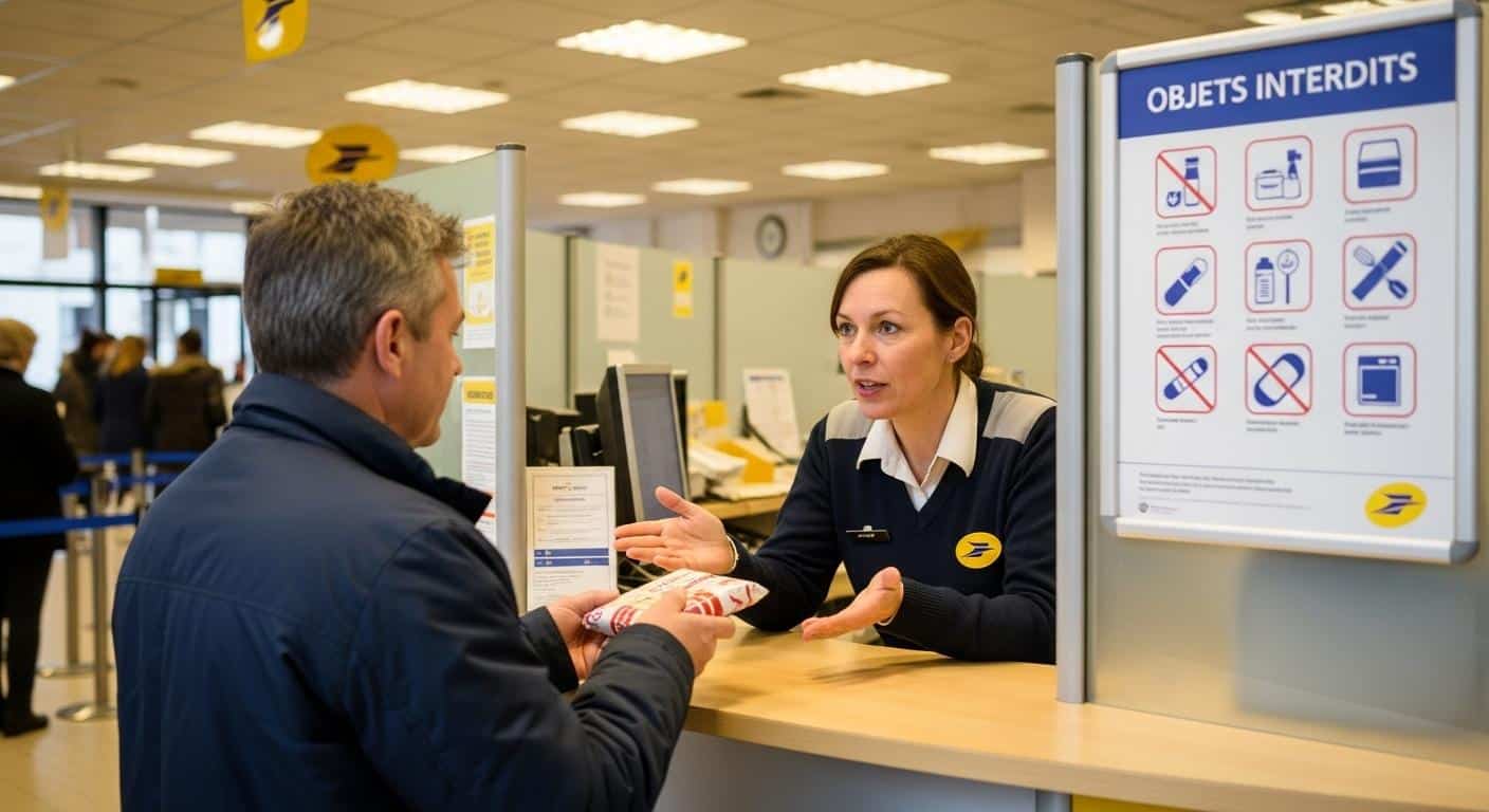 Un guichet de poste français avec un client tentant de remettre un petit colis, pendant que l’employé lui explique poliment qu’il est interdit d’envoyer des médicaments, une affiche officielle sur les objets interdits visible à l’arrière-plan.